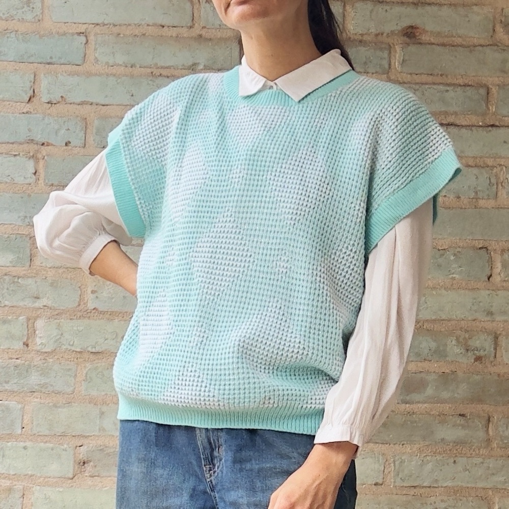 Vintage Sleeveless Sweater 80s 90s Aqua Mint Green Knit Vest Crewneck Pullover